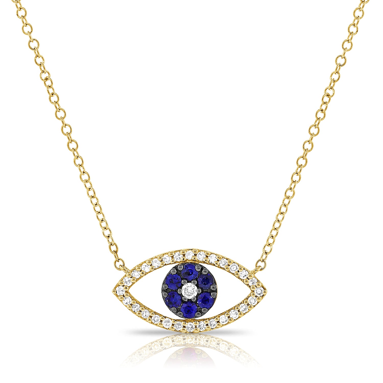 14K Gold 0.32ct Sapphire & Diamond Evil Eye Pendant Necklace