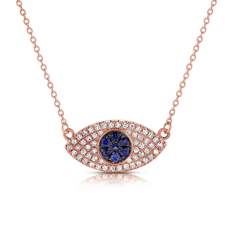 14K Gold Pave Diamond and Sapphire Evil Eye Necklace