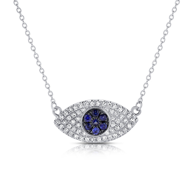 14K Gold Pave Diamond and Sapphire Evil Eye Necklace