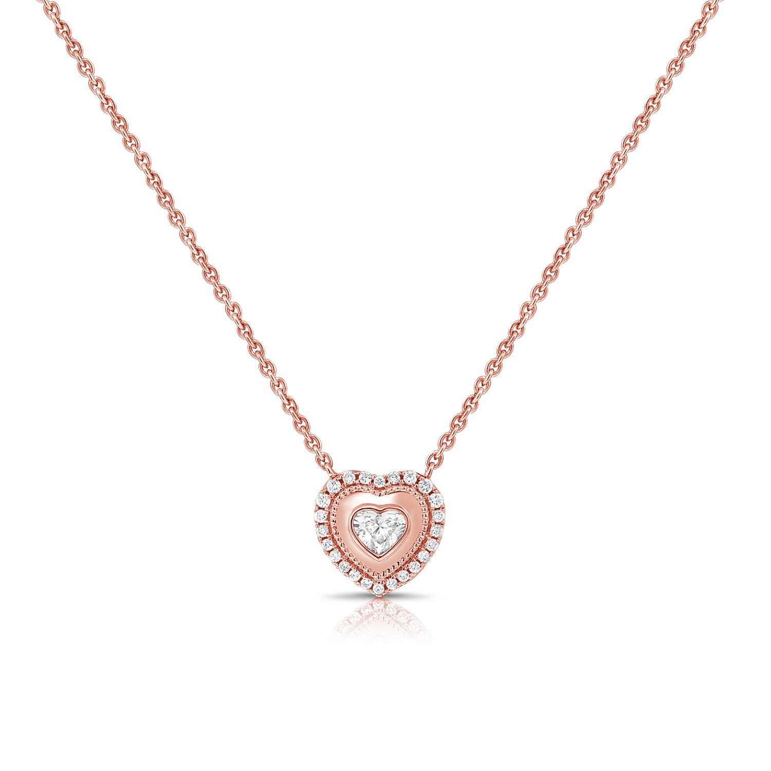 14K Gold 0.42ct Heart Shape & Round Diamond Bezel Heart Pendant Necklace