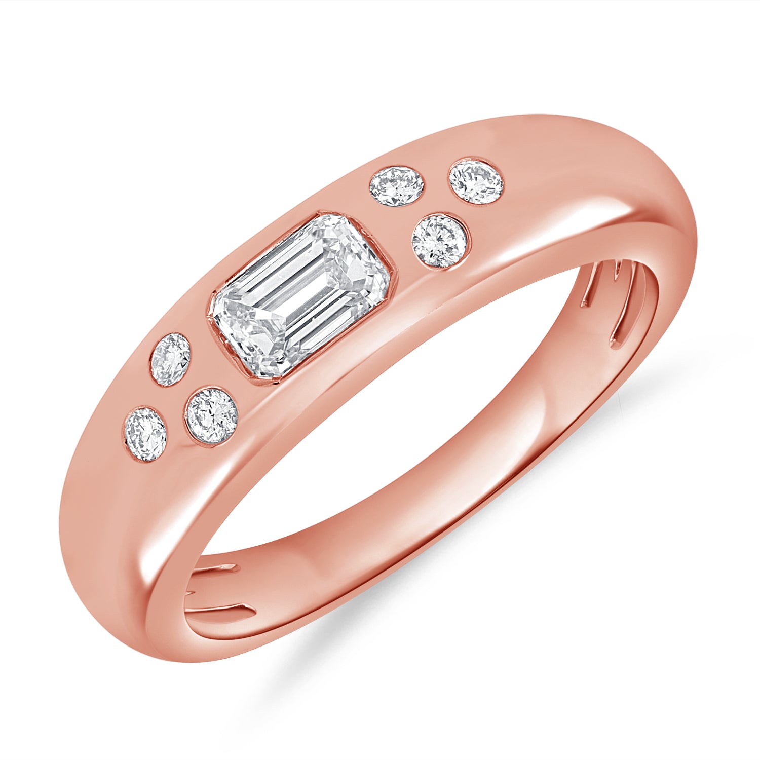 0.53 Carat Emerald Cut and Round Diamond Gypsy Ring in 14K White, Yellow, or Rose Gold