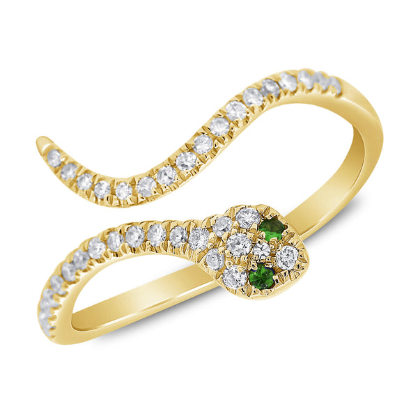 Captivating Snake Ring with Diamonds and Green Tsavorite in 14K Gold