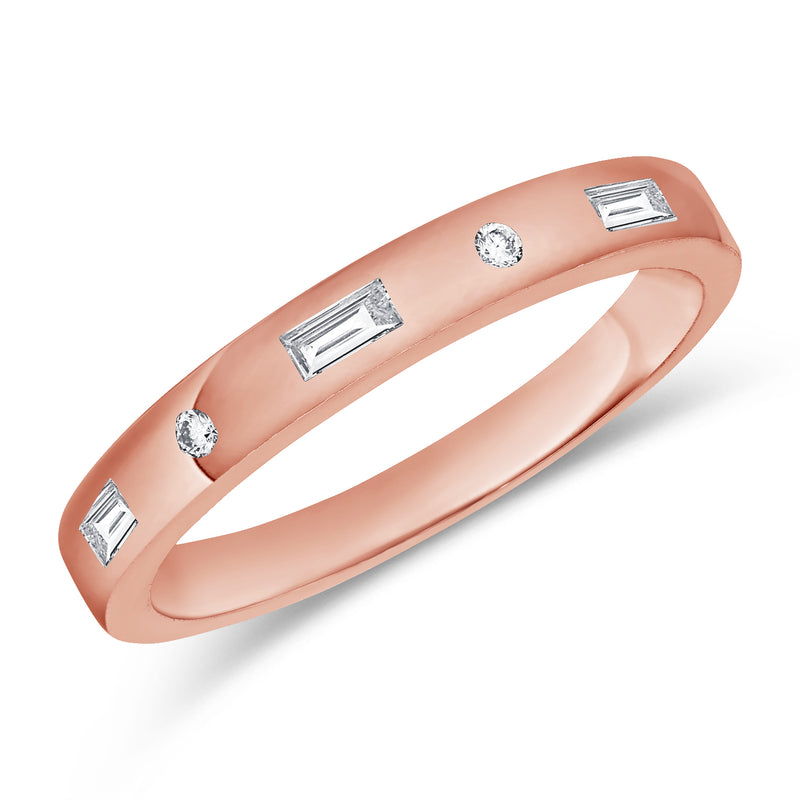 Elegant 0.12 Carat Baguette and Round Diamond Bezel Band Ring in 14K White, Yellow, or Rose Gold
