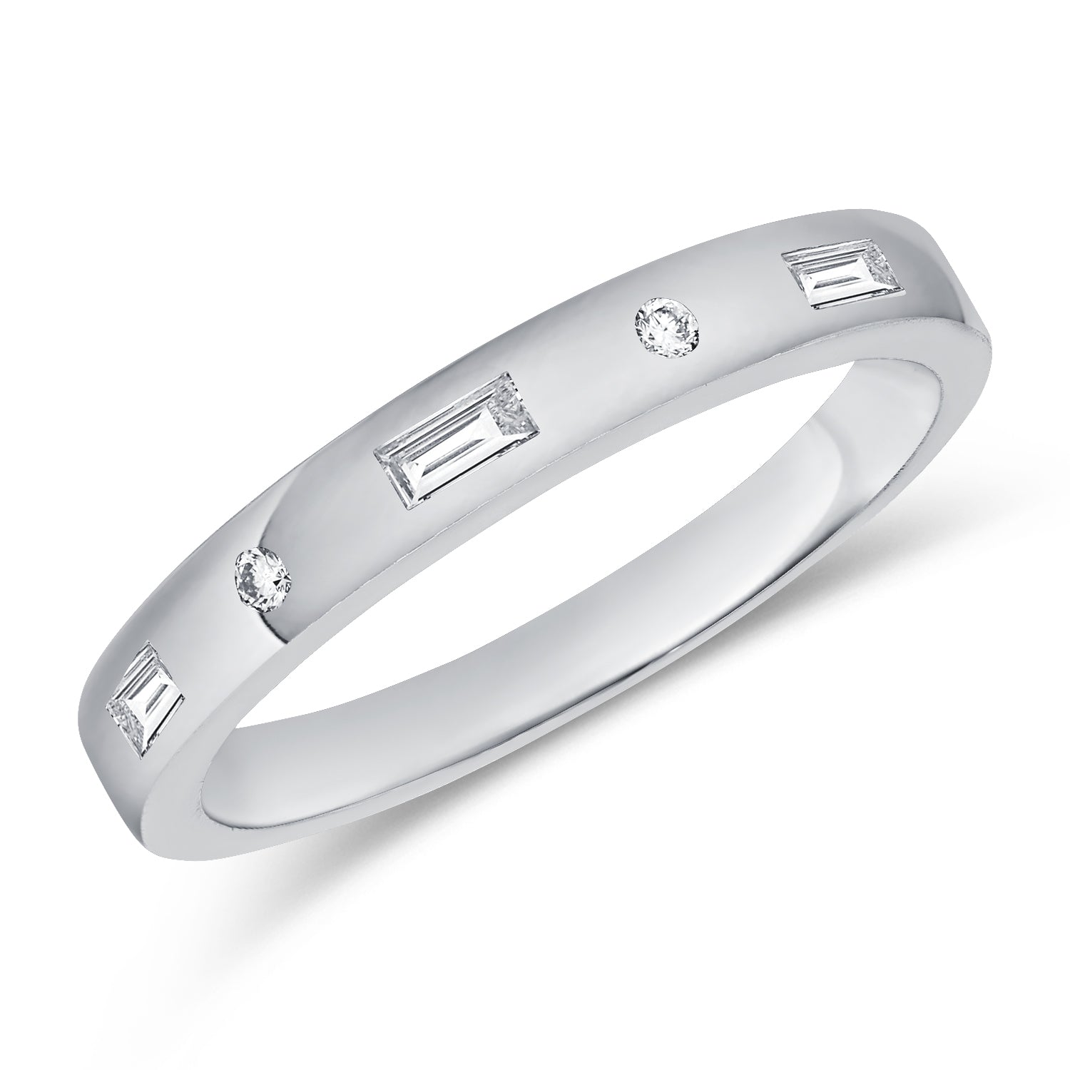 Elegant 0.12 Carat Baguette and Round Diamond Bezel Band Ring in 14K White, Yellow, or Rose Gold