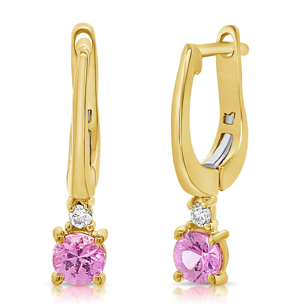 14K Gold Pink Sapphire and Diamond Leverback Earrings