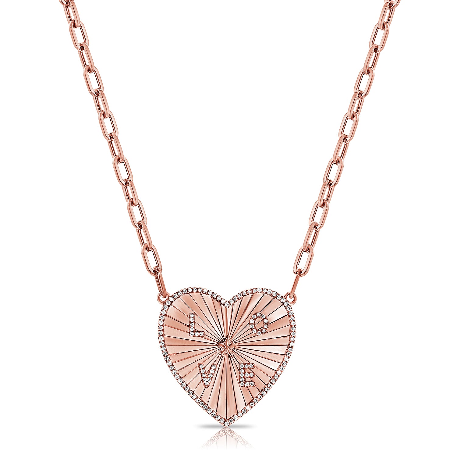 0.29CT Diamond Fluted Heart Paperclip Pendant Necklace in 14K Gold