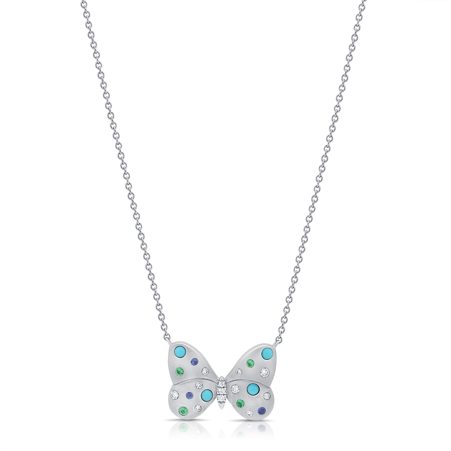 0.45CT Turquoise, Sapphire and Emerald Butterfly Pendant Necklace in 14K Gold – 18 Inch