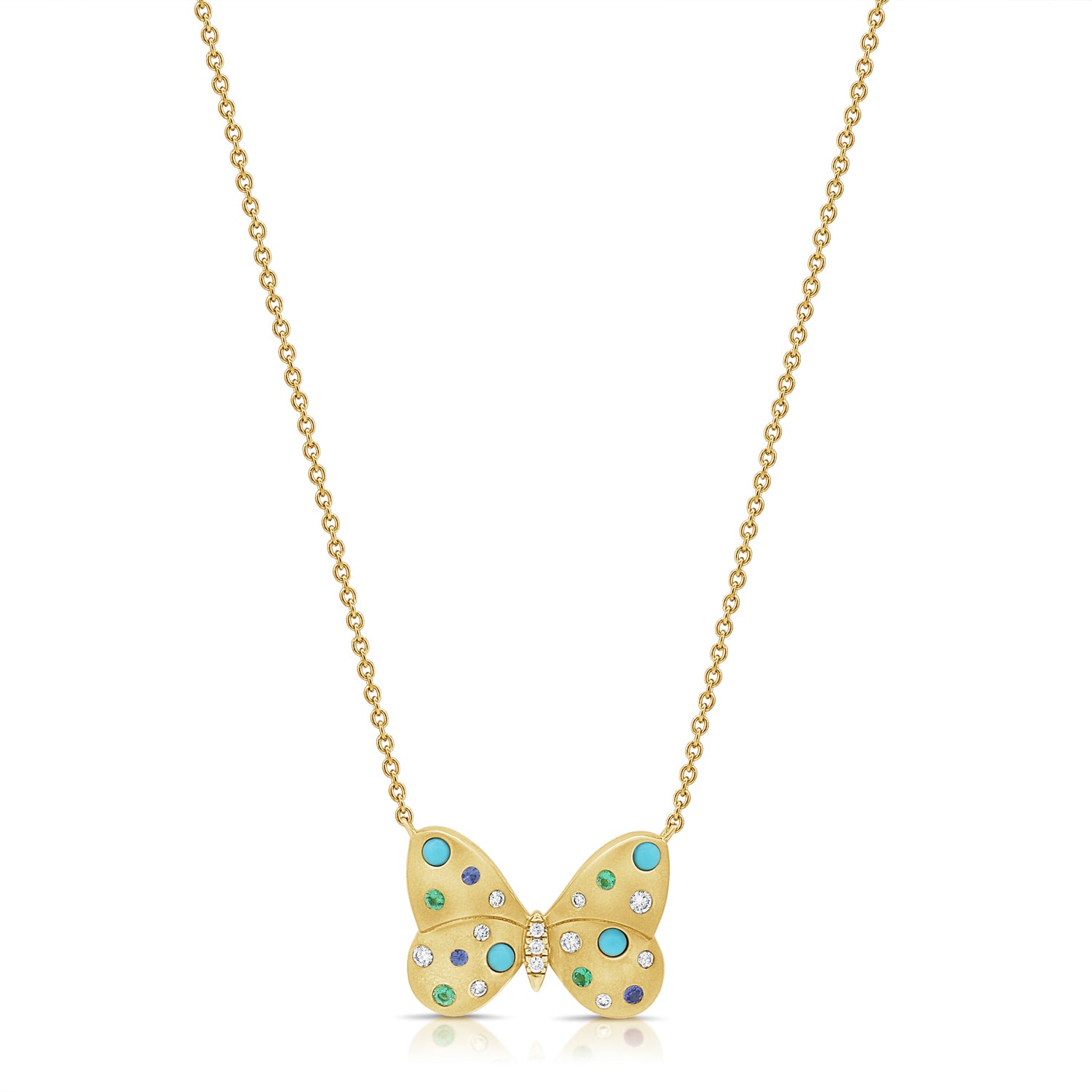 0.45CT Turquoise, Sapphire and Emerald Butterfly Pendant Necklace in 14K Gold – 18 Inch