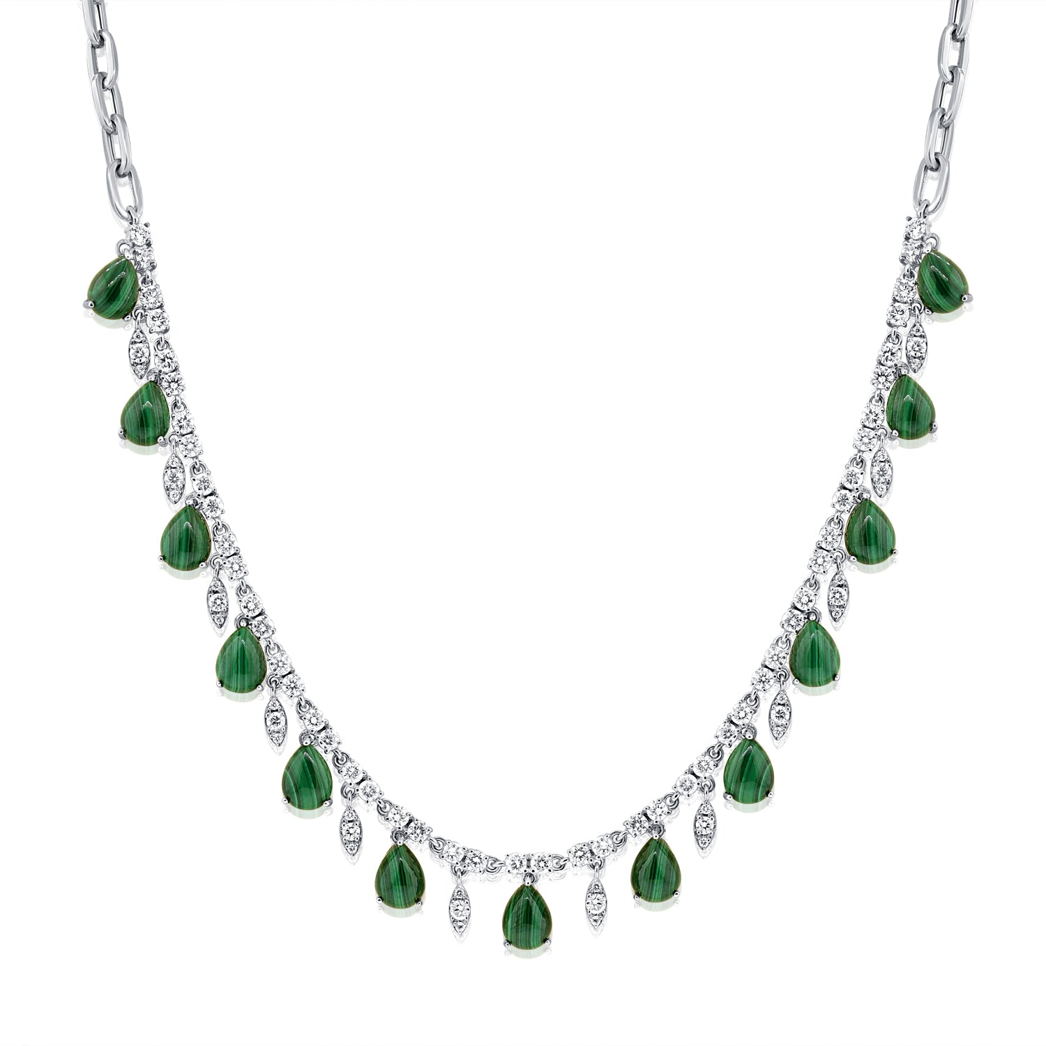 12.46CT Malachite and Diamond Link Station Necklace in 14K Gold