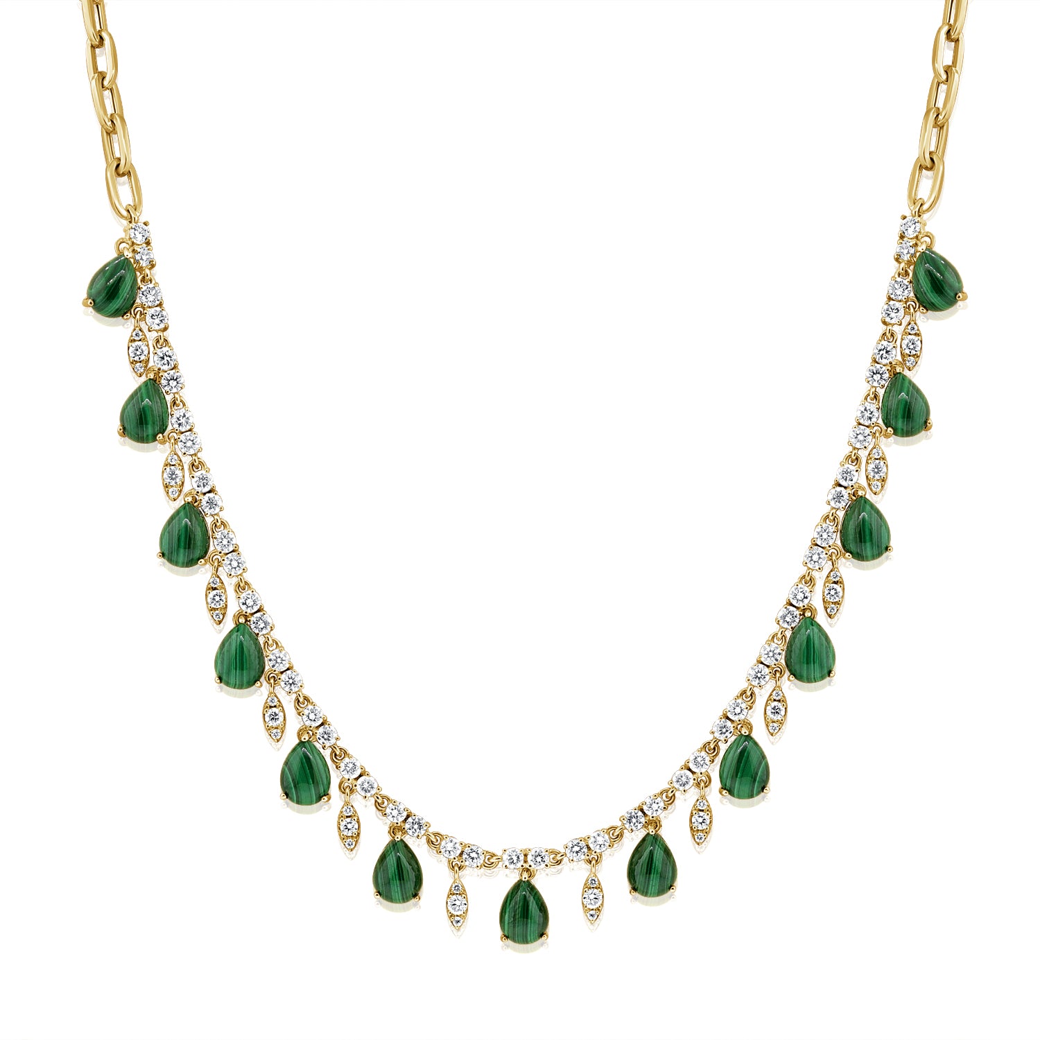 12.46CT Malachite and Diamond Link Station Necklace in 14K Gold