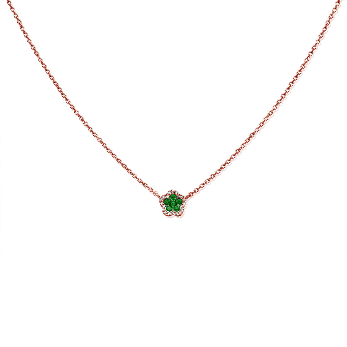 Emerald Clover Charm Necklace in 14K Gold with Diamond Halo