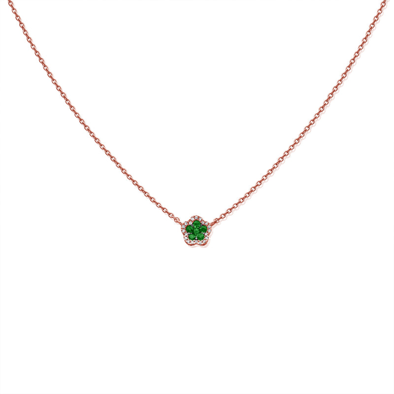 Emerald Clover Charm Necklace in 14K Gold with Diamond Halo