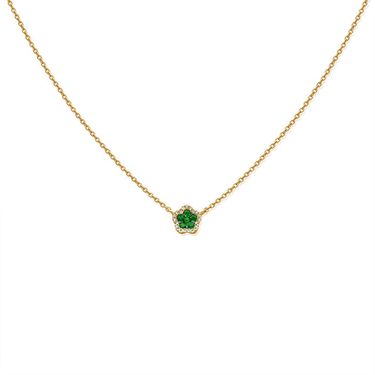 Emerald Clover Charm Necklace in 14K Gold with Diamond Halo