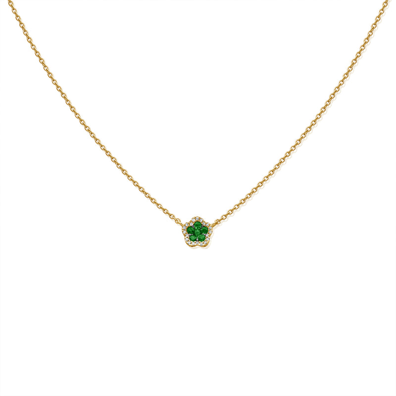 Emerald Clover Charm Necklace in 14K Gold with Diamond Halo