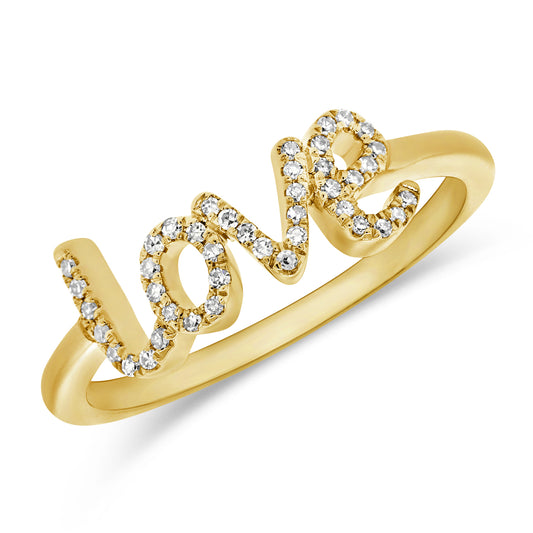 14K Gold “Love” Script Diamond Ring – 0.11 Carat Pavé Letter Ring