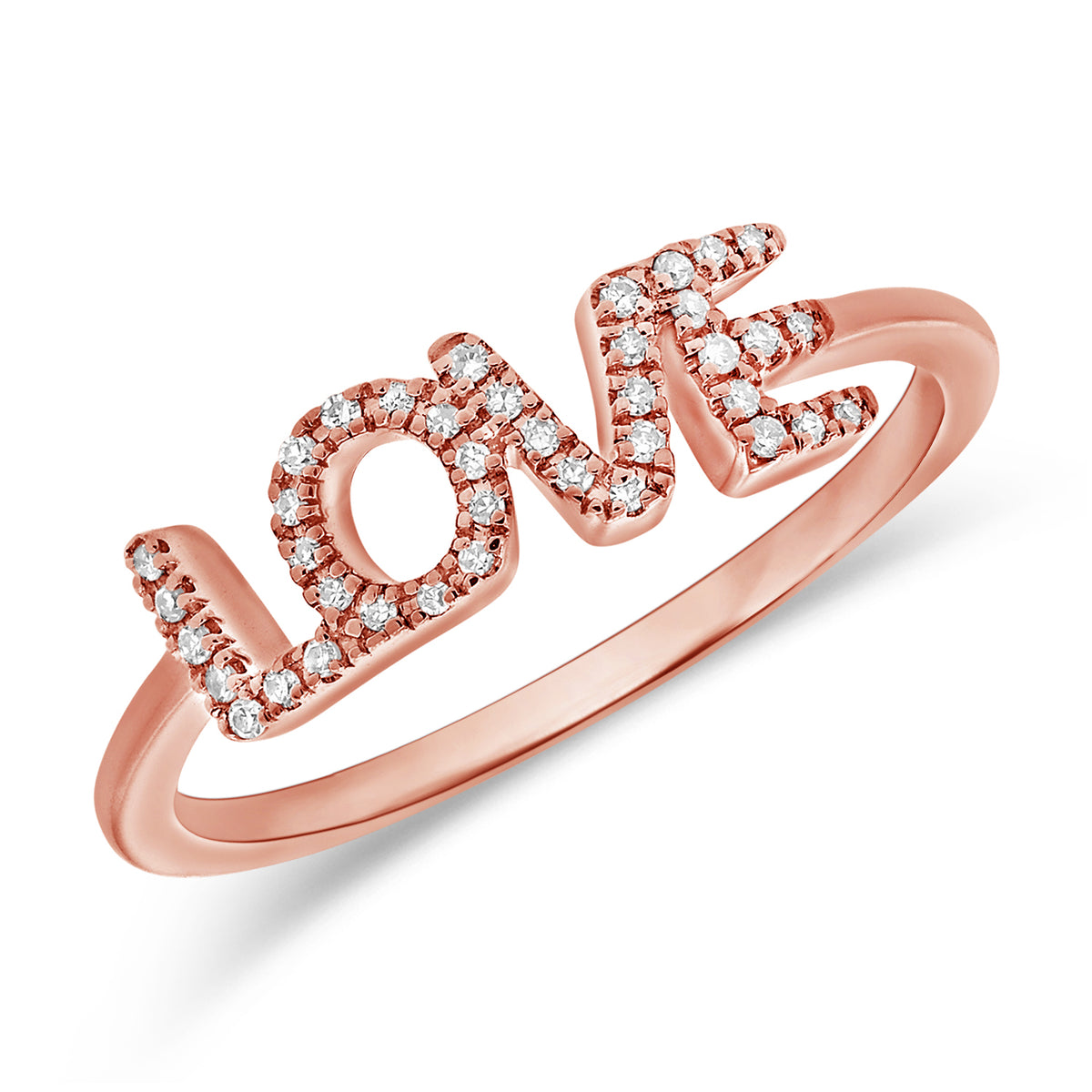 14K Gold “Love” Script Diamond Ring – 0.11 Carat Pavé Letter Ring