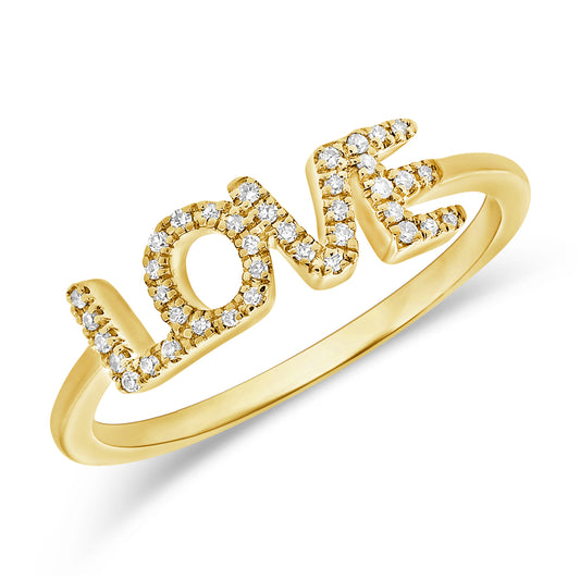 14K Gold “Love” Script Diamond Ring – 0.11 Carat Pavé Letter Ring