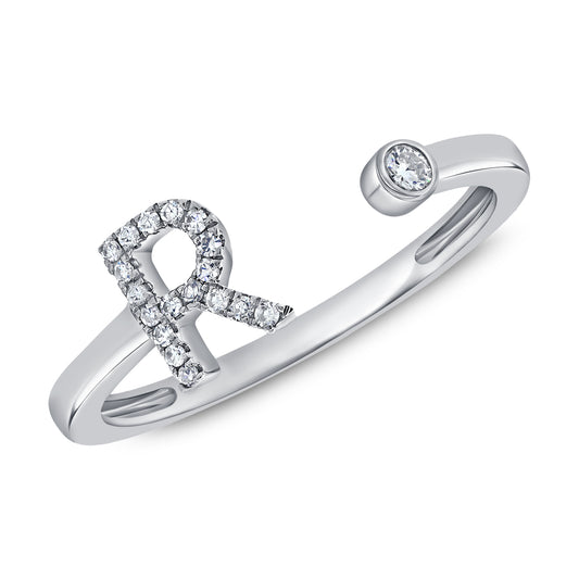 Diamond R Initial Open Ring in 14K Gold