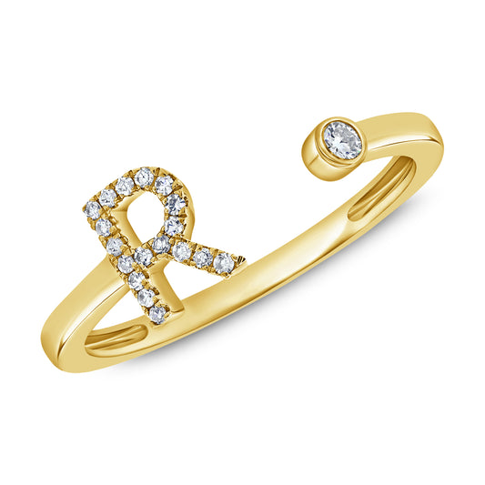 Diamond R Initial Open Ring in 14K Gold