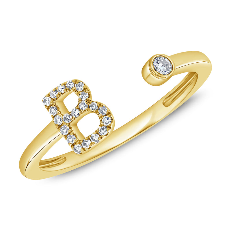 Diamond 'B' Initial Open Ring with Bezel Accent in 14K Gold