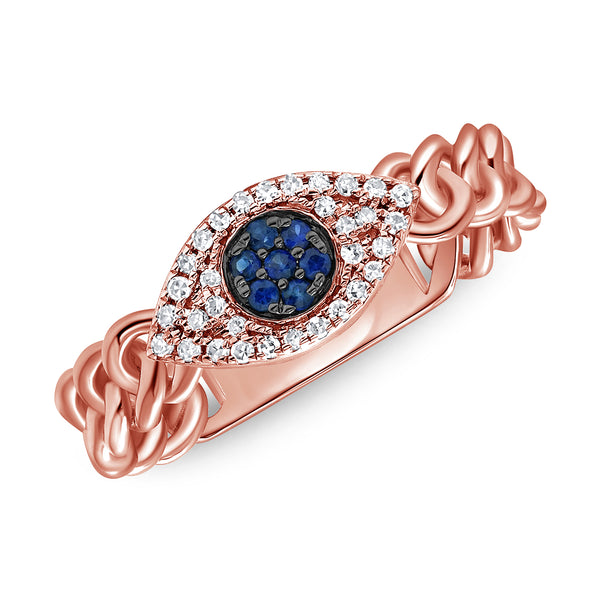 Elegant Evil Eye Chain Ring with Sapphires & Diamonds