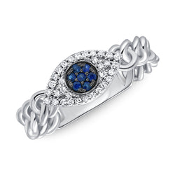 Elegant Evil Eye Chain Ring with Sapphires & Diamonds