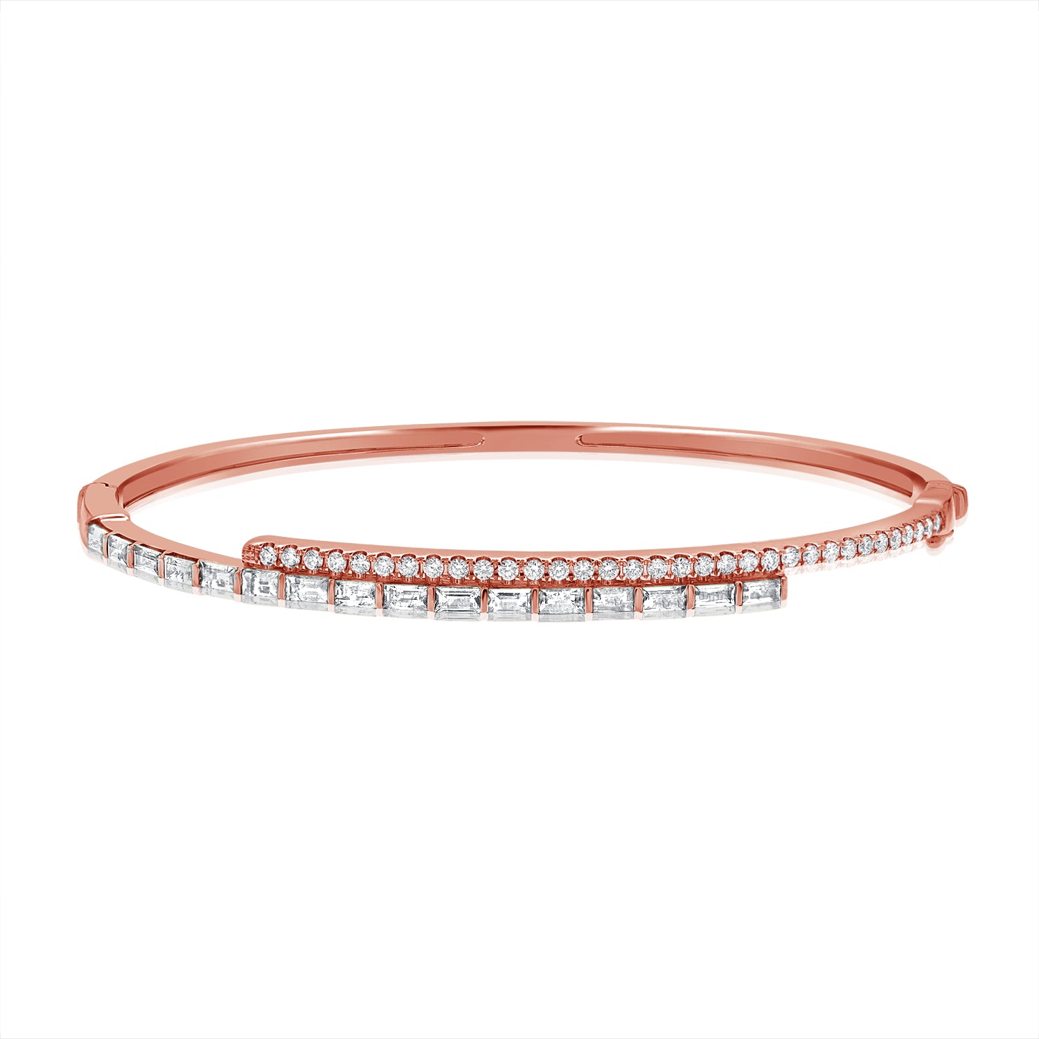 14K Gold Baguette and Round Diamond Bangle Bracelet – 1.54 CT Statement Bangle