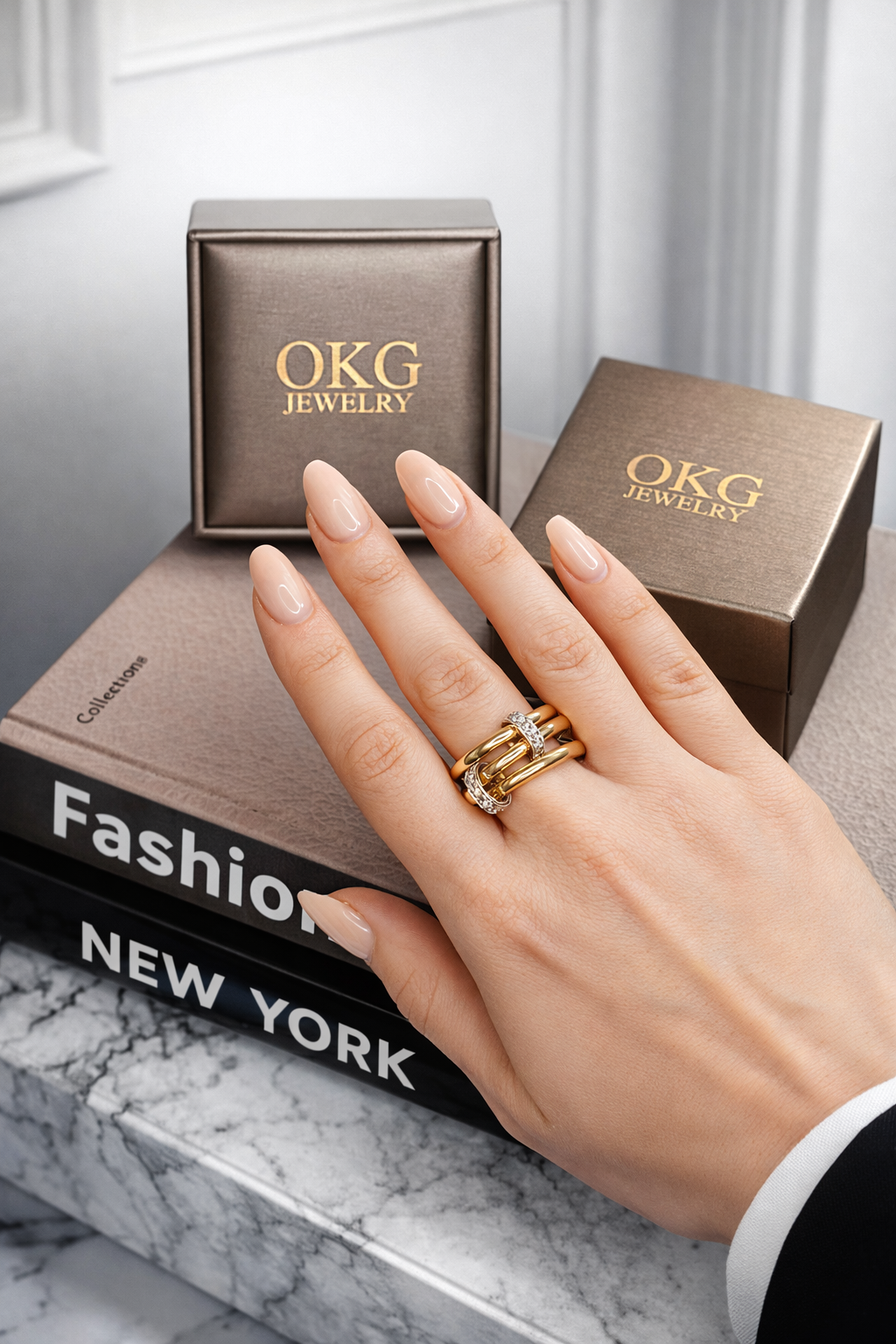 Three Row Diamond Ring in 14K Two-Tone Yellow & White Gold | Modern Triple Band Ring
