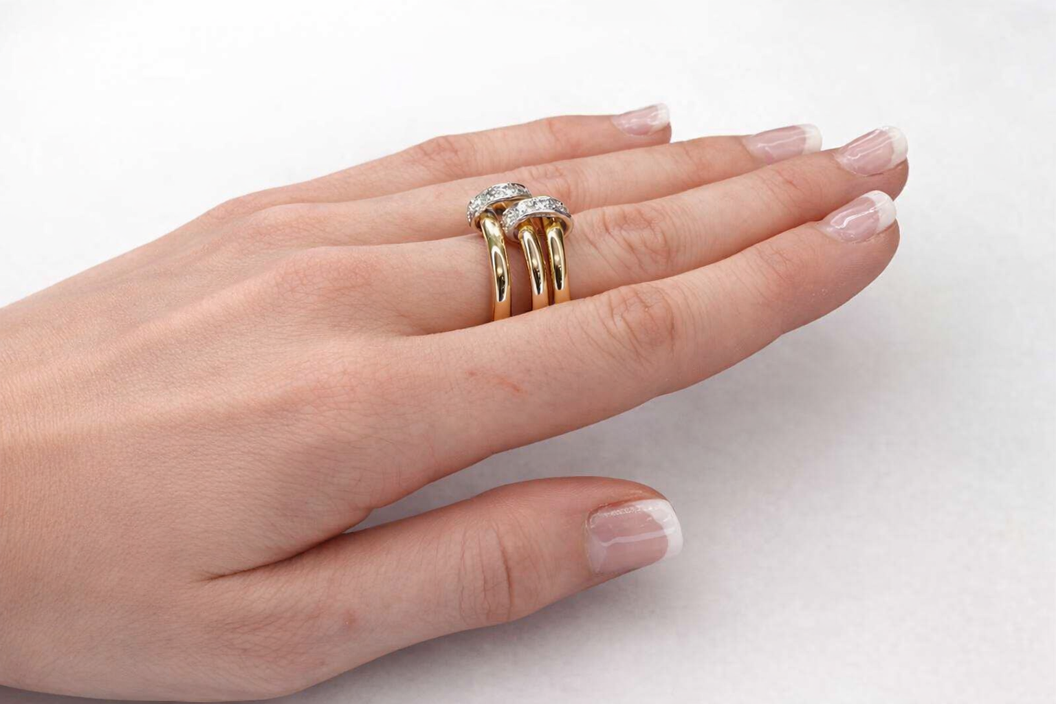 Three Row Diamond Ring in 14K Two-Tone Yellow & White Gold | Modern Triple Band Ring