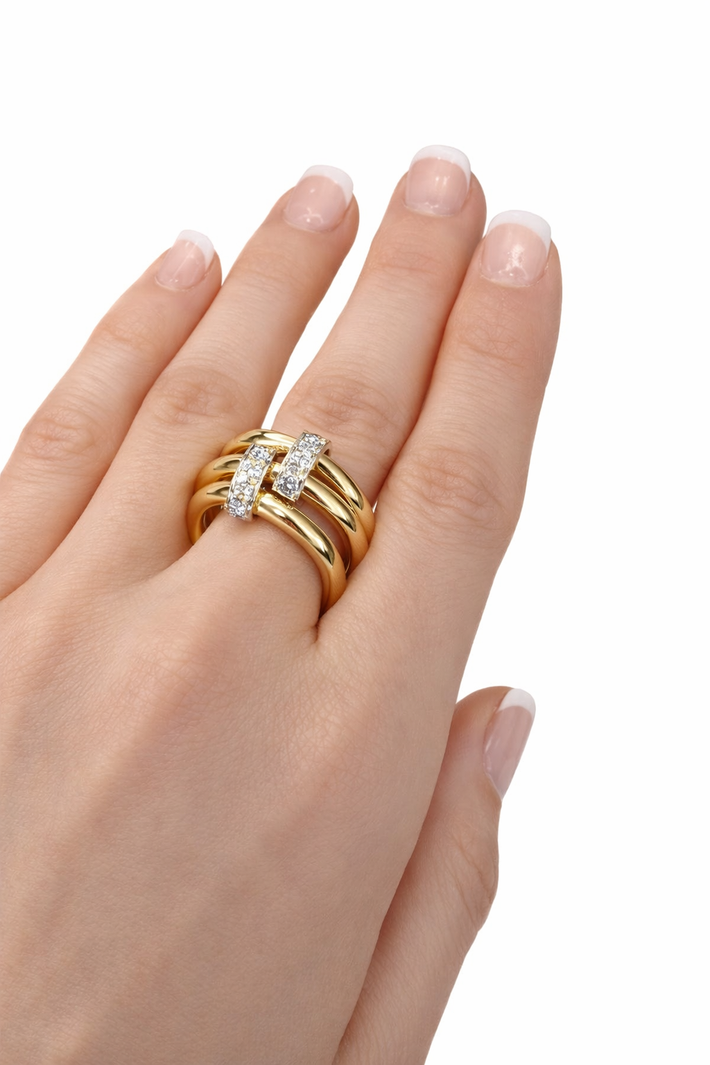Three Row Diamond Ring in 14K Two-Tone Yellow & White Gold | Modern Triple Band Ring