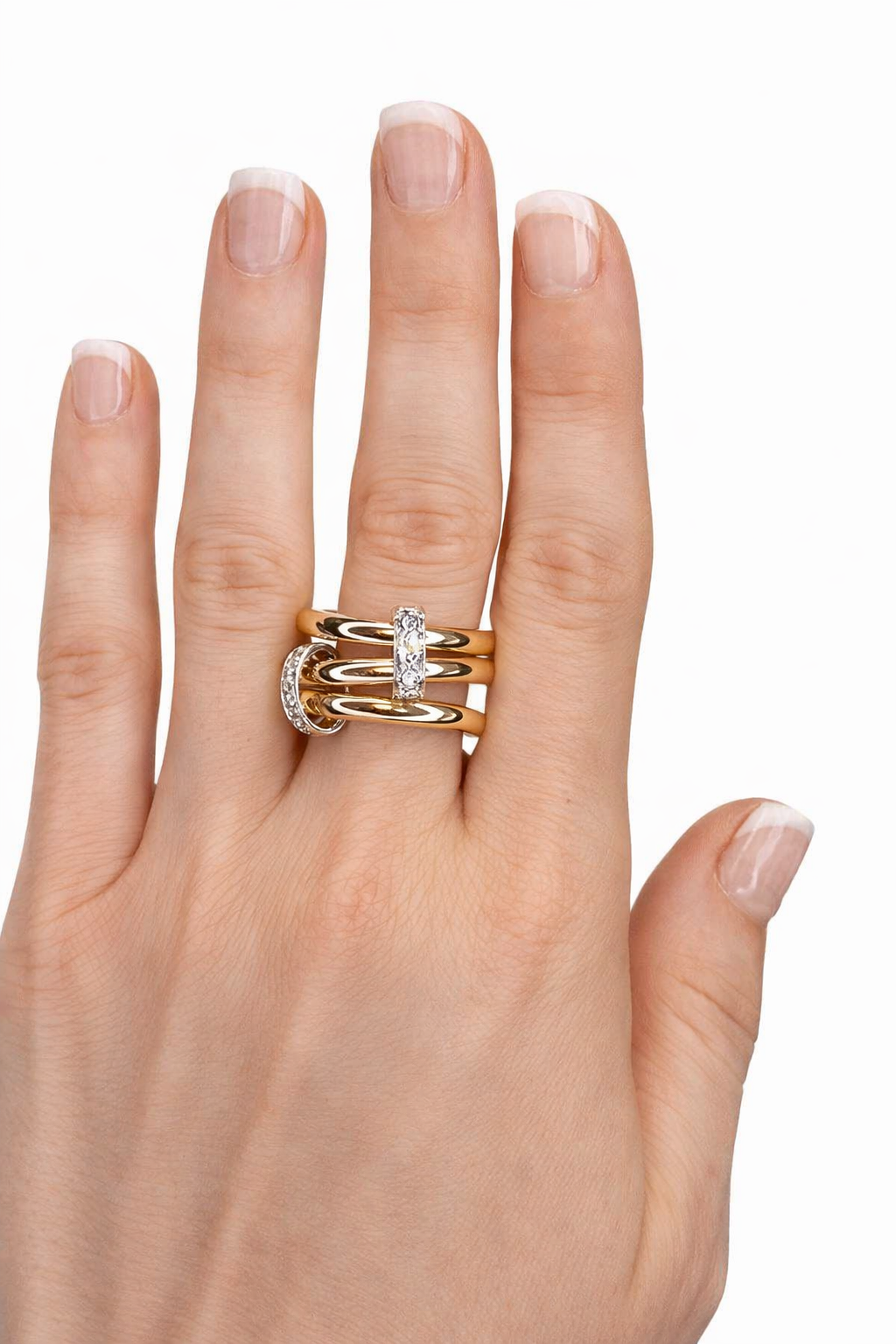 Three Row Diamond Ring in 14K Two-Tone Yellow & White Gold | Modern Triple Band Ring