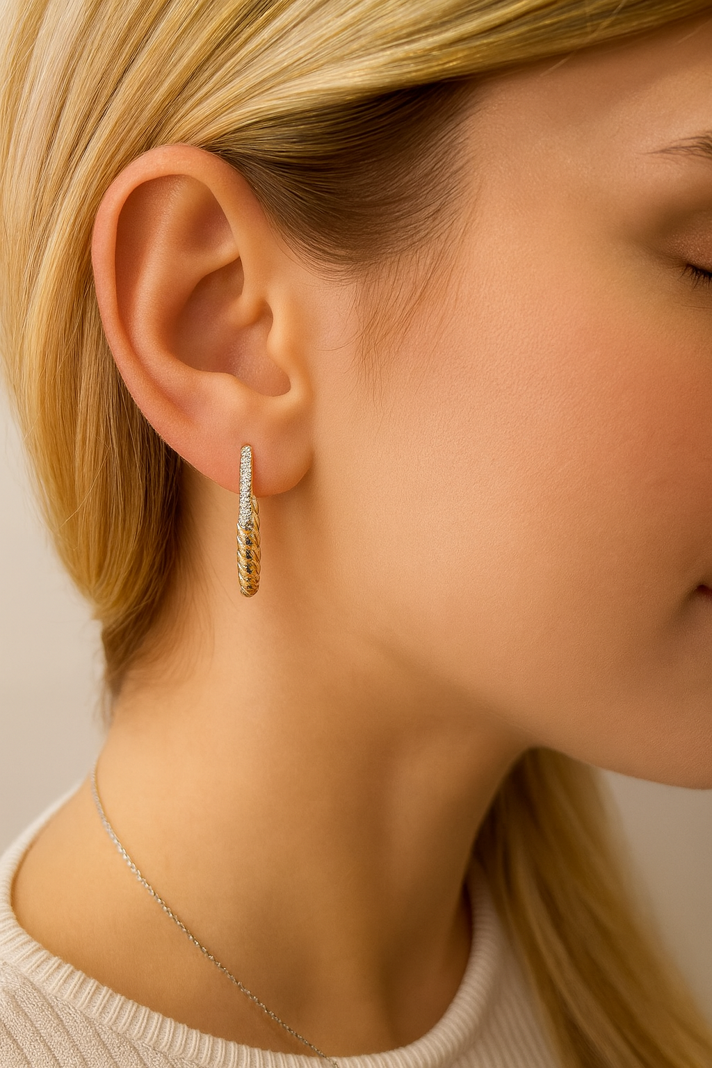 14K Gold Twisted Diamond Huggie Earrings with 0.11 Carats- White, Yellow, or Rose Gold