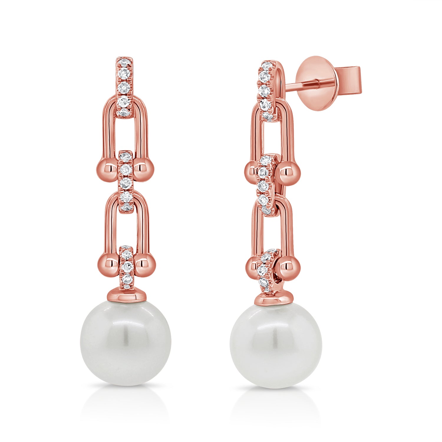 5.05CT Pearl & Round Diamond Link Drop Earrings in 14K Gold