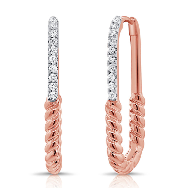 14K Gold Twisted Diamond Huggie Earrings with 0.11 Carats – White, Yellow, or Rose Gold