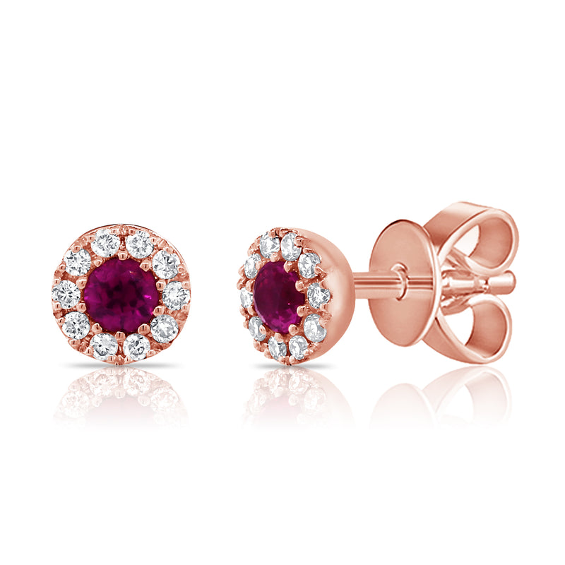 14K Gold Ruby and Diamond Halo Stud Earrings | 0.18 Carat