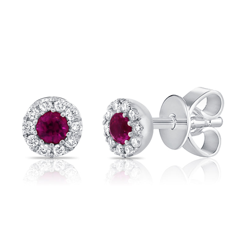 14K Gold Ruby and Diamond Halo Stud Earrings | 0.18 Carat