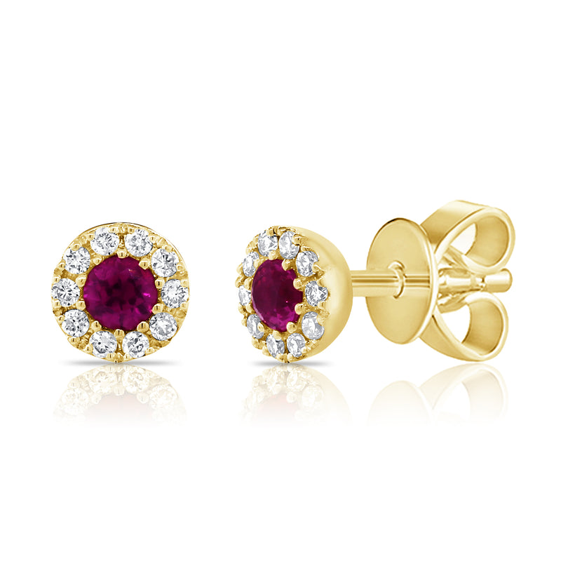 14K Gold Ruby and Diamond Halo Stud Earrings | 0.18 Carat