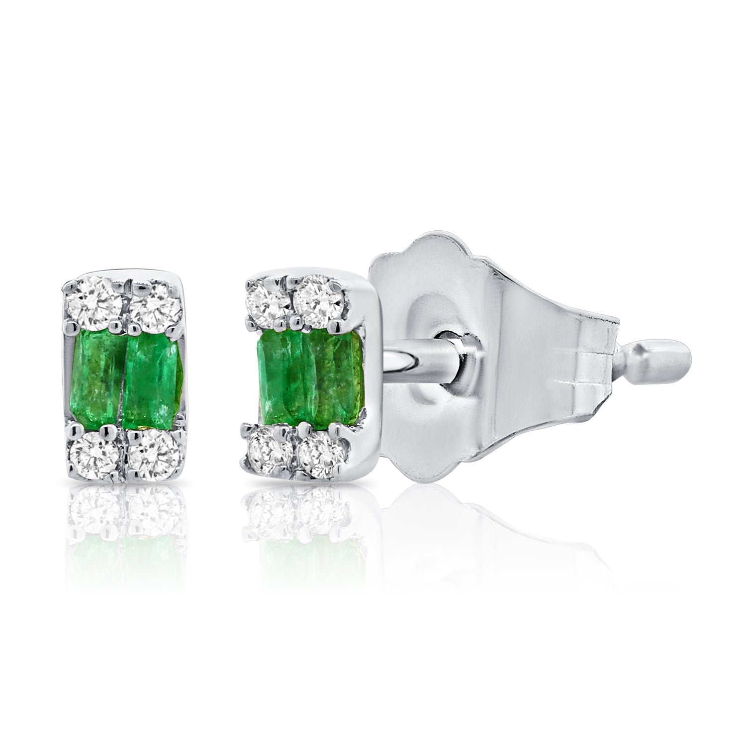 14K Gold Emerald and Diamond Stud Earrings | 0.08ct Emerald Rectangle Studs