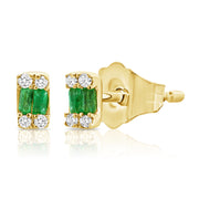 14K Gold Emerald and Diamond Stud Earrings | 0.08ct Emerald Rectangle Studs