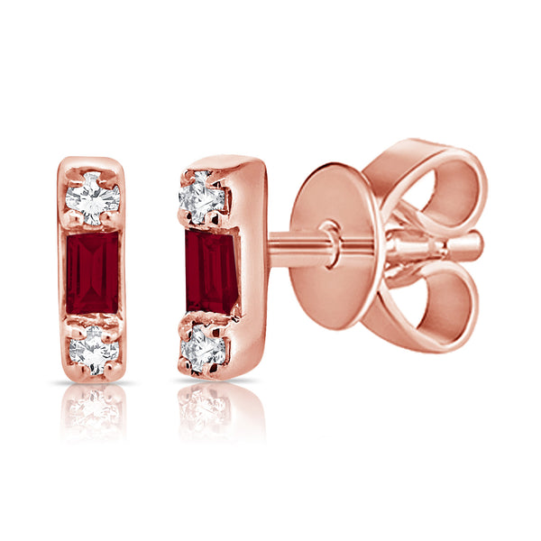 Ruby Baguette & Diamond Stud Earrings made in 14K Gold