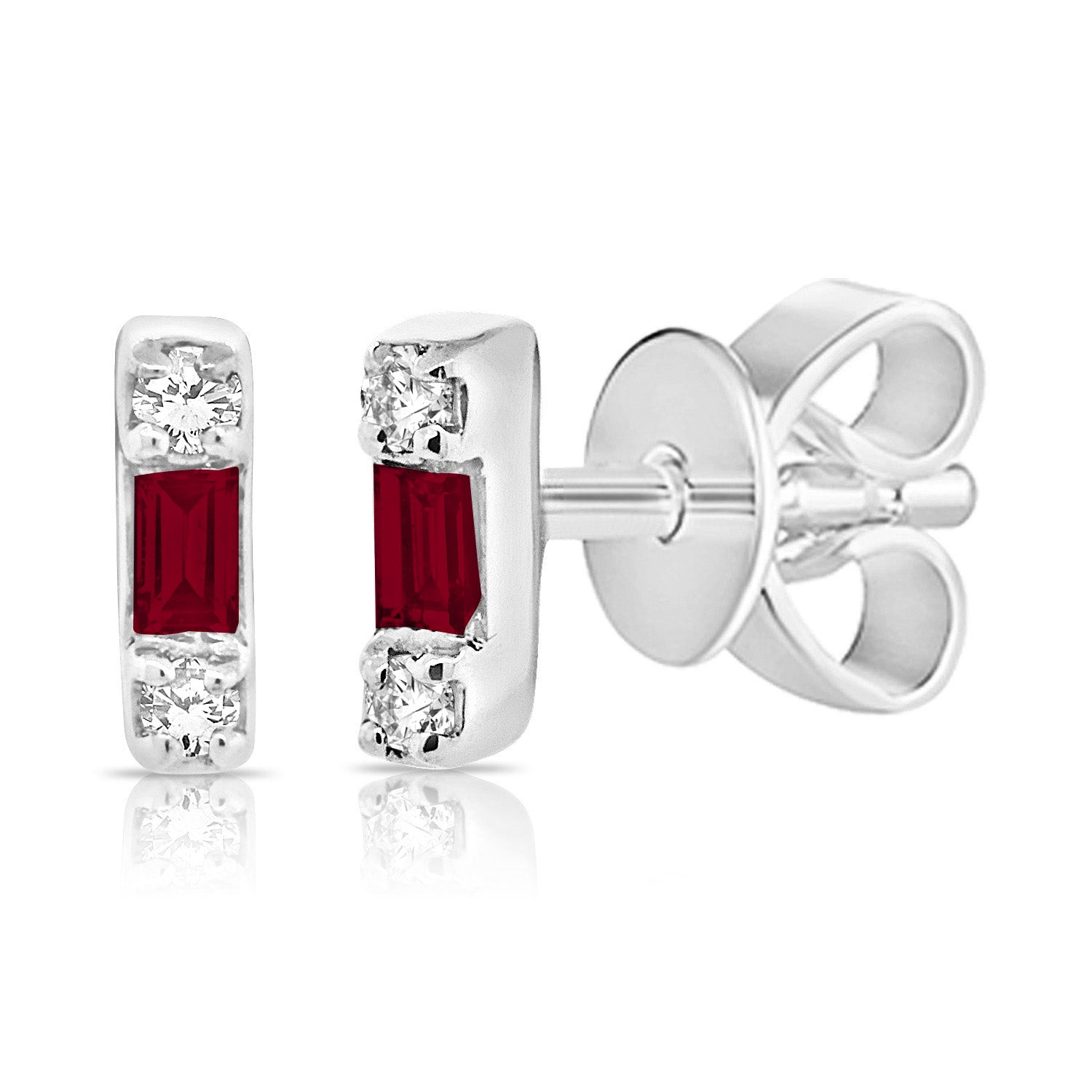 Ruby Baguette & Diamond Bar Stud Earrings in 14K Gold