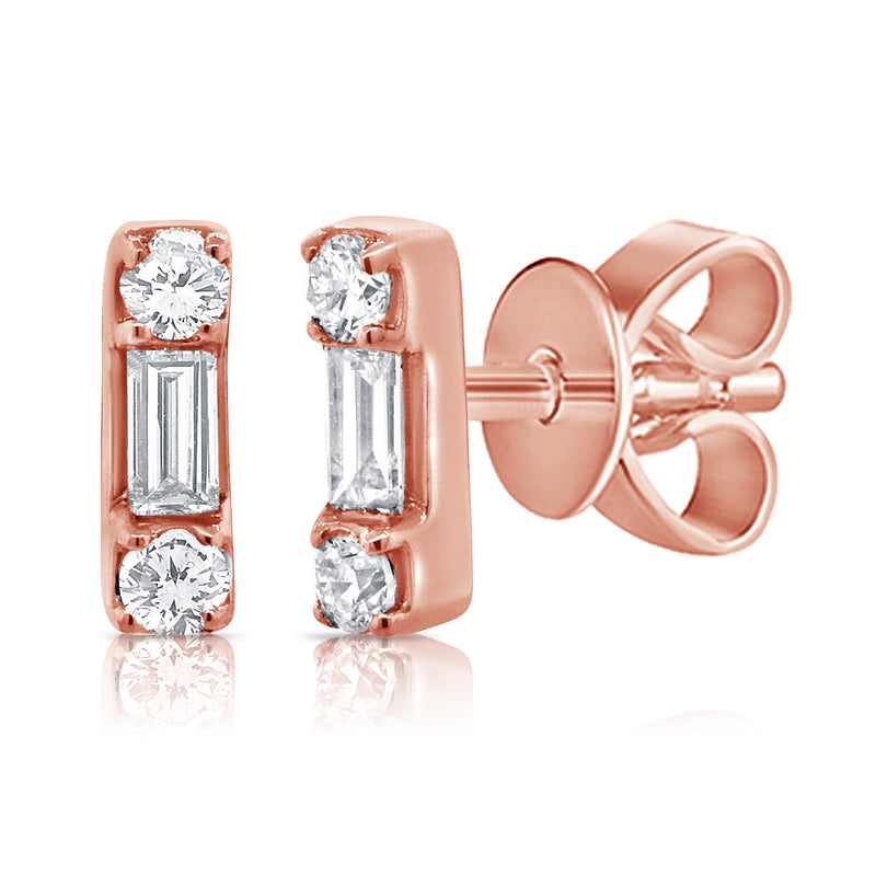 14K Gold Baguette & Round Diamond Bar Stud Earrings (0.12 Carat) in White, Yellow, or Rose Gold