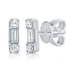 14K Gold Baguette & Round Diamond Bar Stud Earrings (0.12 Carat) in White, Yellow, or Rose Gold