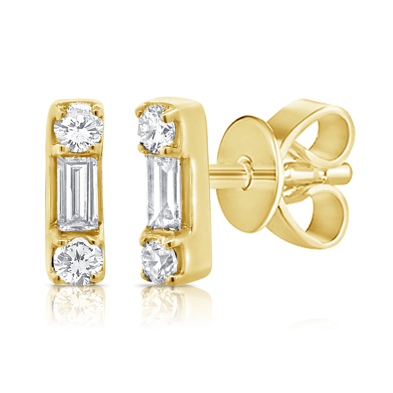 14K Gold Baguette & Round Diamond Bar Stud Earrings (0.12 Carat) in White, Yellow, or Rose Gold
