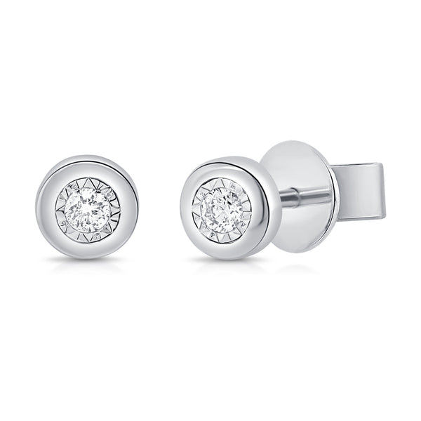 Bezel Set Illusion Set Round Diamond Studs with Miracle Setting in 14kt Gold