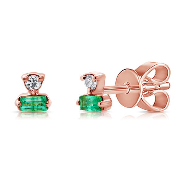 Multi Cut Diamond & Emerald Stud Earrings in 14Kt Gold