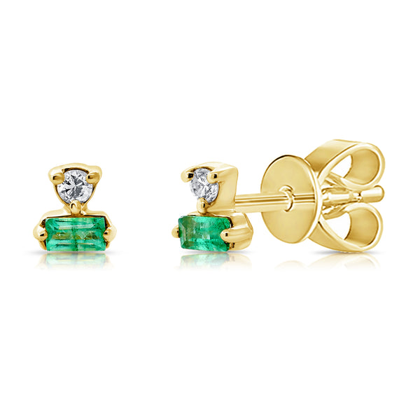 Multi Cut Diamond & Emerald Stud Earrings in 14Kt Gold