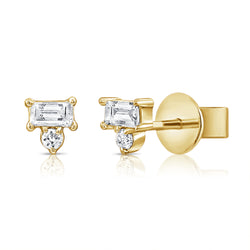 Elegant Baguette & Round Diamond Stud Earrings in 14K Gold