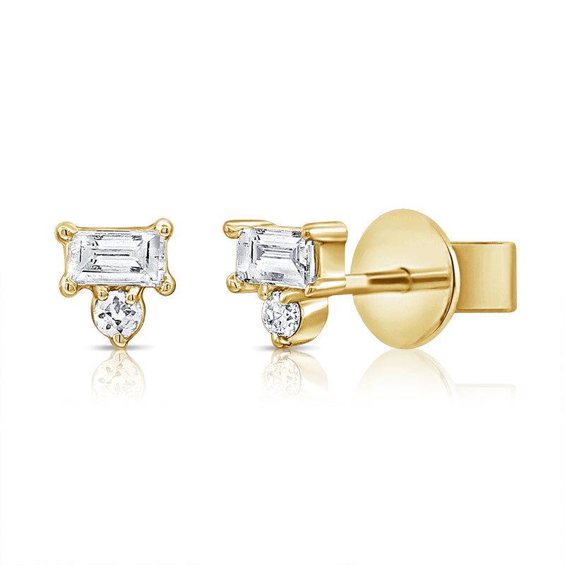 Elegant Baguette & Round Diamond Stud Earrings in 14K Gold