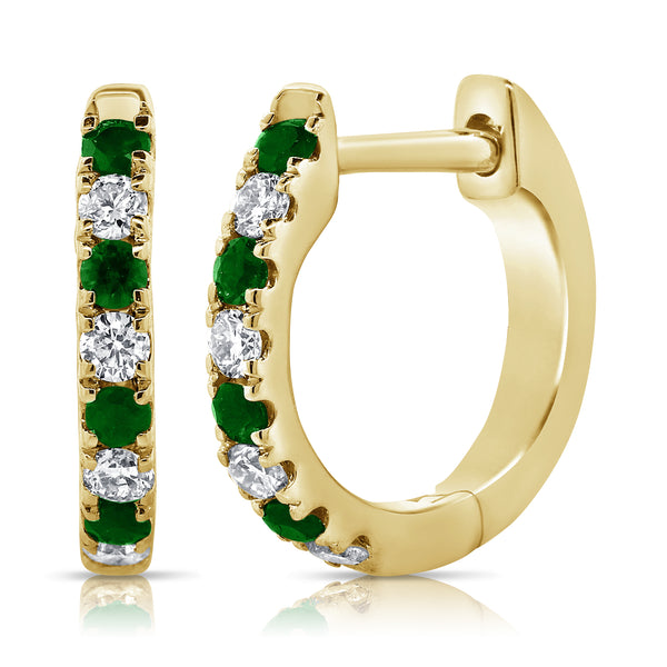 14K Gold Emerald Huggie with Diamonds